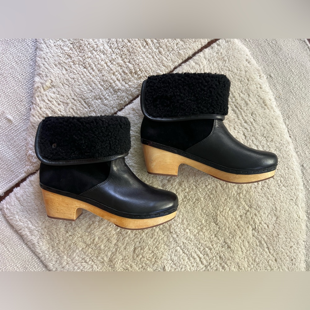 Anthropologie Frye & Co Odessa Black Leather Sherpa Ankle Boot Heeled Clog 8.5
